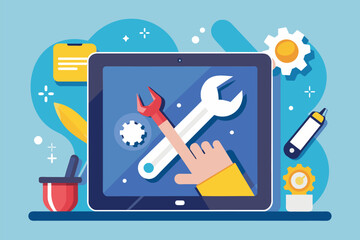 Poster - A laptop with a wrench beside it, showing a wrench on the screen, symbolizing troubleshooting and maintenance, troubleshooting on tablet maintenance, Simple and minimalist flat Vector Illustration