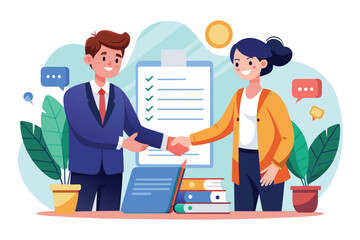 Poster - Man and Woman Shaking Hands Over a Clipboard, Two business partners shaking hands doing work contract, Simple and minimalist flat Vector Illustration