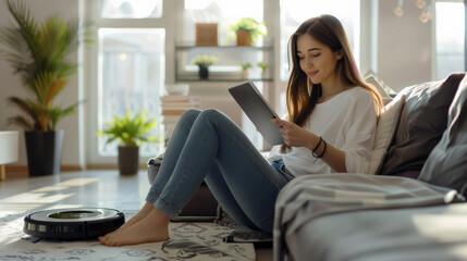 a young woman programming a robotic vacuum cleaner on her tablet sitting comfortably in her modern living room