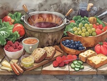 A Painting Of A Table With A Variety Of Fruits And Vegetables, Including Grapes, Strawberries, And Tomatoes