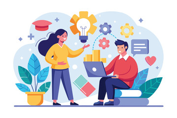 Poster - a man and a woman are collaborating on a laptop, focused on finding a solution, two business people 