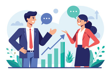 Wall Mural - A man and a woman talking to each other in a business setting, engaging in a discussion, two business people communicating discussing business growth, Simple and minimalist flat Vector Illustration