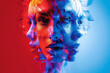 multiple versions of a woman's face, artistic illustration in red and blue