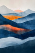 Art A painting of a mountain with blue and orange slopes under a vibrant sky