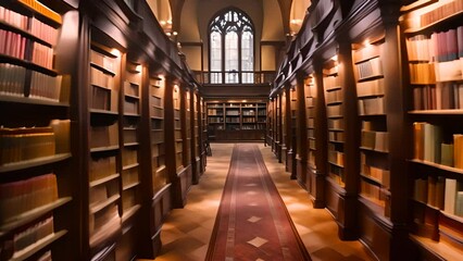 Poster - Long Row of Wooden Bookshelves in Library Generative AI