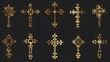 © Ziyan - Religion gold cross icon set isolated on black background. Big Collection of Christian Symbol design. Decorated crosses signs or ornamented crosses symbols. illustration