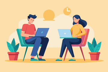 Poster - a man and woman sitting in chairs, working on laptops, two people sitting on chairs with laptops, si