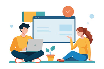 Poster - A man and woman sitting on the floor working on a laptop together, Two people sitting with laptop and presentation screen, Simple and minimalist flat Vector Illustration