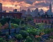 A rooftop garden in New York City with the Empire State Building in the background.