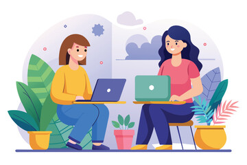Poster - two women are sitting at a table, focused on their laptops, engaged in work or study, two women work