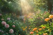 Soft morning light illuminating flower garden