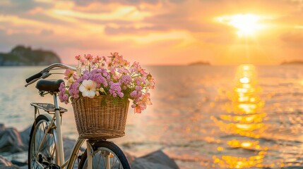 Vintage bicycle with basket full of flowers standing in front of the sunset on the sea landscape banne rwith copy space