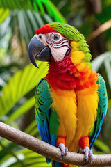 Wall Mural - Colorful tropical ara parrot in jungle on a sunny day. Rainforest illustration with bright beautiful macaw among exotic plants with big leaves. Background with pristine nature landscape