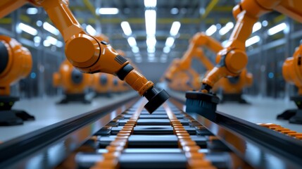 Leinwandbilder - Robotic Arms Moving on Conveyor Belt in Factory