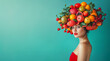woman with fruits on the head, illustrative image on solid background, banner with copy space