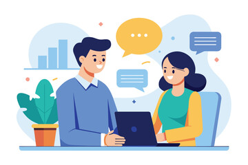 Poster - A man and woman sitting at a table, engaging with a laptop, was chatting with a client, Simple and minimalist flat Vector Illustration