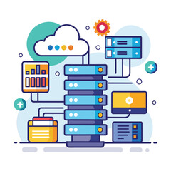 Poster - a stack of data with a cloud hovering above it, symbolizing online database storage technology, web 