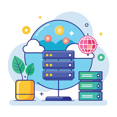 Poster - a globe placed on top of a stack of data, web hosting, simple and minimalist flat vector illustratio