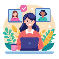 Poster - a woman sitting in front of a laptop, actively participating in an online webinar with female studen