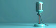 3D rendering of a vintage microphone on a blue background with copy space