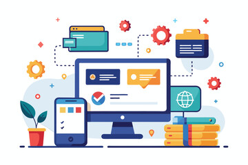 Poster - A computer, phone, and tablet displaying various icons above them, website programming management, Simple and minimalist flat Vector Illustration