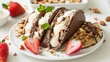 Delight in a delectable dessert twist on Mexican classics with sweet tacos featuring a chocolate thin waffle base topped with creamy ice cream crunchy nuts and juicy strawberries all presen