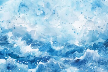 A painting depicting a vibrant blue ocean with waves crashing against the shore