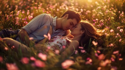 beautiful young couple in love lying on the blooming meadow