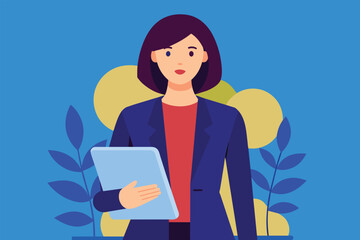 Sticker - A woman holding a tablet device in her hands, focusing on the screen, Woman holding tablet Business target, Simple and minimalist flat Vector Illustration