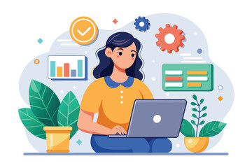 Poster - A woman focused on her laptop, installing software for work or personal use, woman installing software on laptop, Simple and minimalist flat Vector Illustration