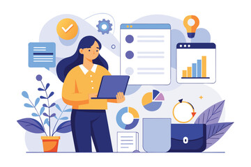 Poster - woman analyzing file data on a laptop, woman is analyzing file data, simple and minimalist flat vect