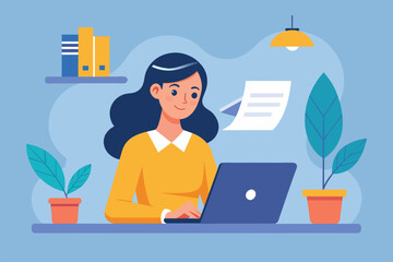 Poster - A woman sitting at a desk, busy working on a document using her laptop, woman is working on a document on a laptop, Simple and minimalist flat Vector Illustration