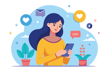 Canvas Print - Woman holding a smartphone in her hands, checking social media, woman playing social media on mobile, Simple and minimalist flat Vector Illustration