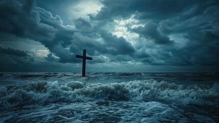 Wall Mural - Cross in the sea with stormy sky