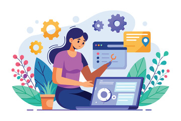 Poster - A woman focused on website management sits in front of a laptop computer, working on repairs, woman repairing website management concept web service, Simple and minimalist flat Vector Illustration