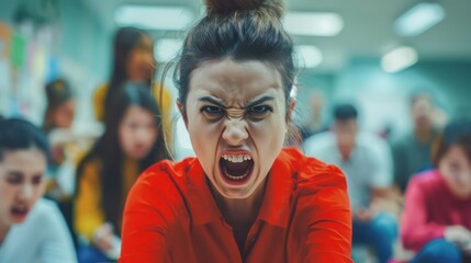 Educational concept theme, portrait of the angry teacher woman yells at students emotionally expressing dissatisfaction about the performance of the group class team