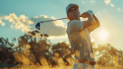 A male golfer in mid-swing with a driver against a sunset backdrop on a golf course.