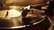 Close-up of a vinyl record spinning on a traditional record player. Classic vinyl spinning with the needle in the groove under ambient lighting.