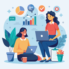 Poster - two women sitting on the floor, focused on their laptops while working together, woman sitting with 
