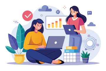 Poster - two women sitting on the floor, focused on their laptops while working, woman sitting with data anal