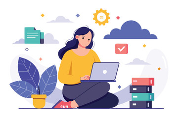 Poster - A woman sitting on the ground, using a laptop, woman sitting with laptop cloud data backup, Simple and minimalist flat Vector Illustration