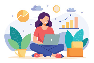 Wall Mural - Woman Sitting on Floor Working on Laptop, woman sitting with laptop looking at stock developments, Simple and minimalist flat Vector Illustration