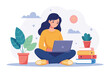 A woman sitting on the floor, focused on her laptop screen, woman sitting with laptop,online education concept distance learningconcept flat illustration