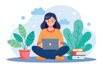 Poster - A woman sitting on the floor while using a laptop for online education, woman sitting with laptop,online education concept distance learningconcept flat illustration