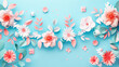 Decorative pink flowers on a bright blue background. Copy space, greeting card