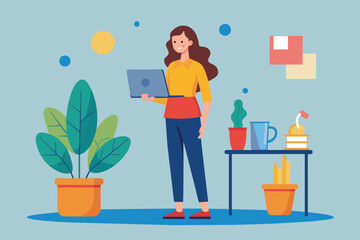 Sticker - A woman stands in front of a table holding a laptop and a cup of coffee, Woman standing with laptop and coffee, Simple and minimalist flat Vector Illustration