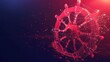 Ship's steering wheel from futuristic polygonal red lines and glowing stars for banner, poster, greeting card. Generated AI