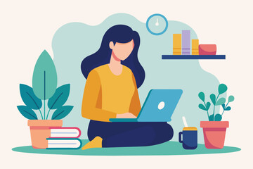 Poster - a woman focused on her laptop while sitting on the floor, engaged in work or study, woman studying l