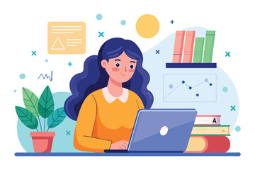 Sticker - A woman is seen sitting at a desk, focused on her laptop screen while working on her studies, woman studying mathematics via the internet, Simple and minimalist flat Vector Illustration