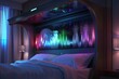 Health Focused Bedroom Design and Bedding Enhancements in Queen-Sized Luxury: Restful, Sleek Interiors Merge with Adaptive Atmospheric Lighting.